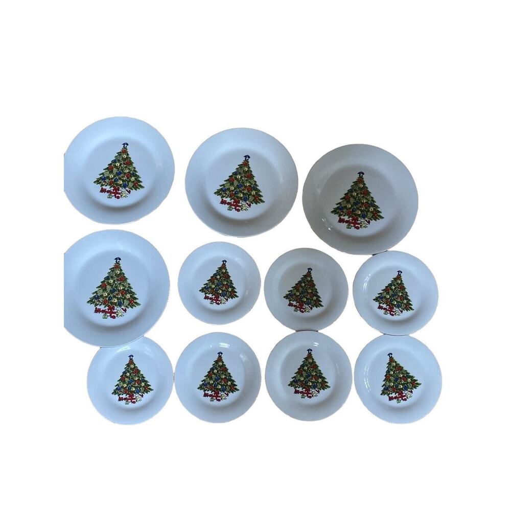 11 Vintage Christmas Tree 4 Dinner Plates SeaGull 10.5” & 7 Dessert Plates 7.5”